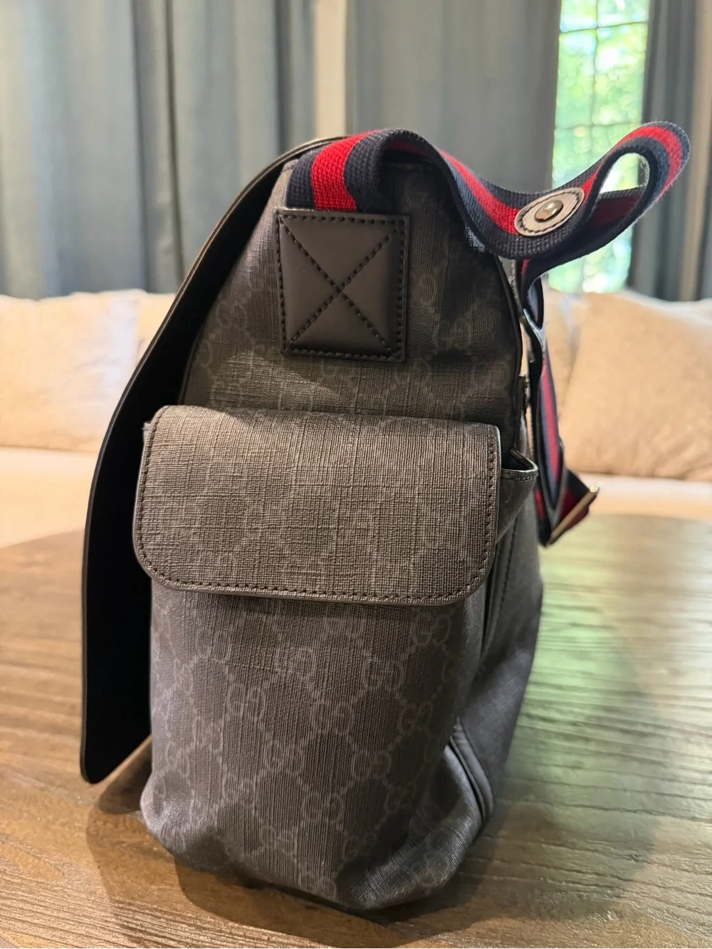 Authentic Gucci Black/Gray Messenger/ Diaper Bag with Red and Blue Web Strap
